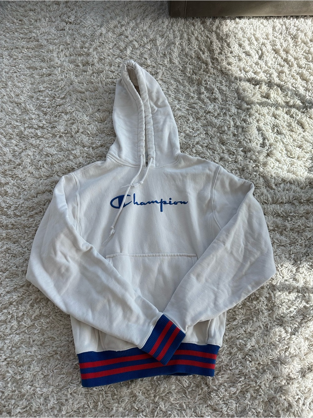 Champion White Hoodie with Blue Logo and Red-Blue Striped Trim